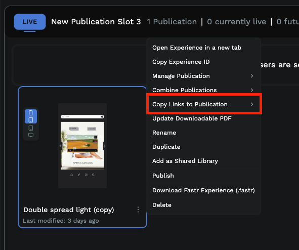 Copy Links to Publication option in the publication menu