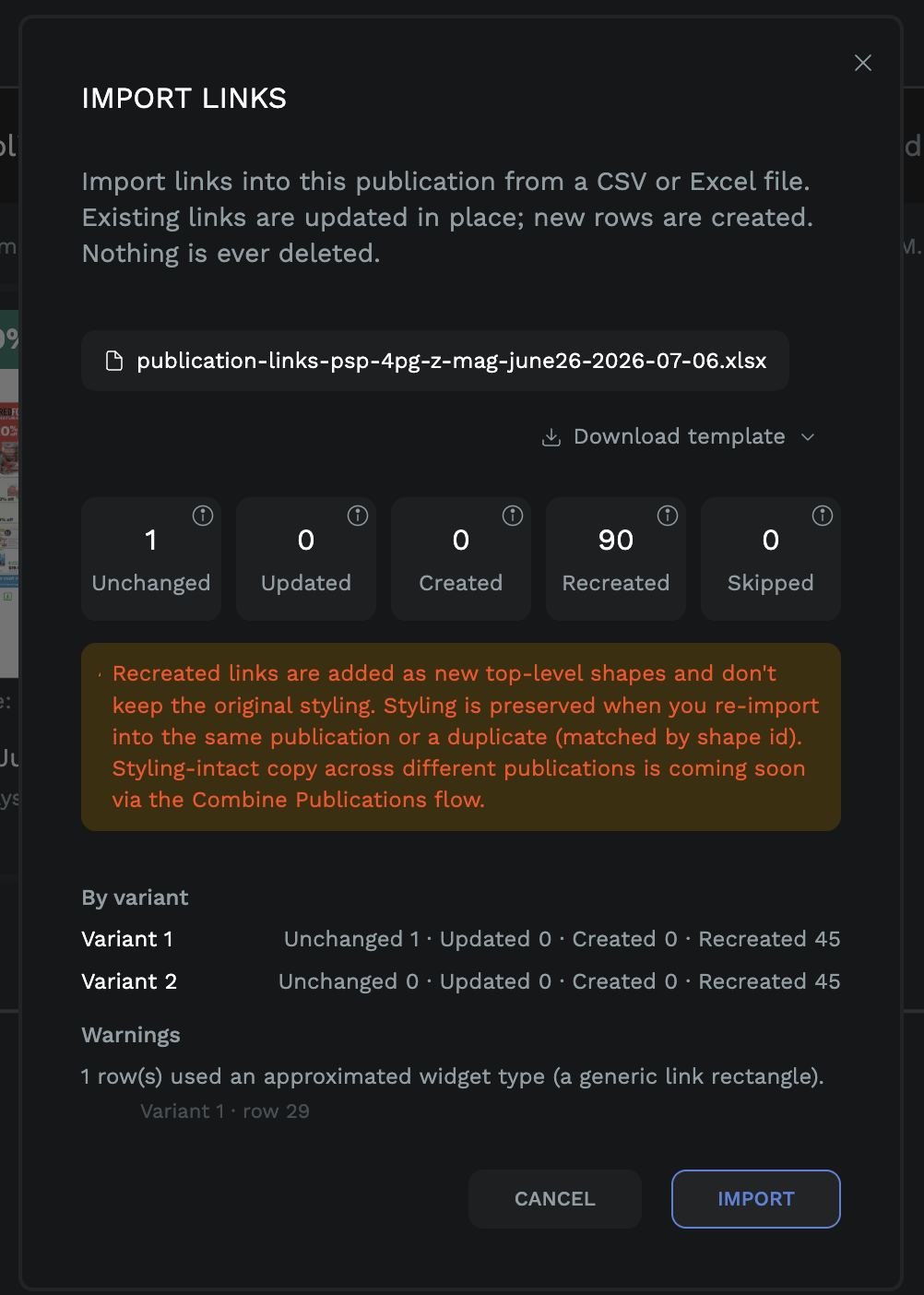 Import summary showing the imported link details