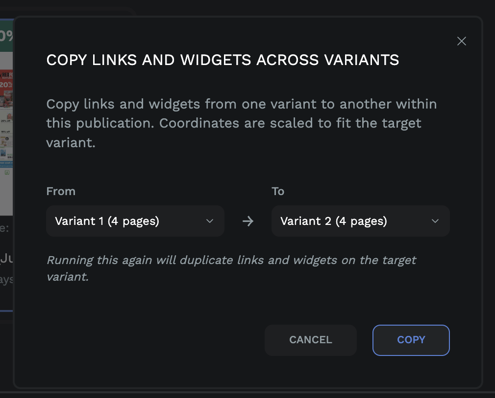 Copy links and widgets across variants