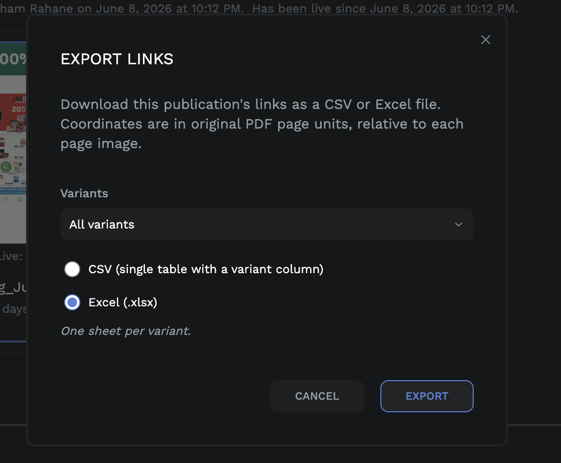 Export links to a CSV or Excel file