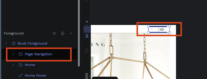 Page Navigation group highlighted in the layers panel with the page selector placed on the canvas