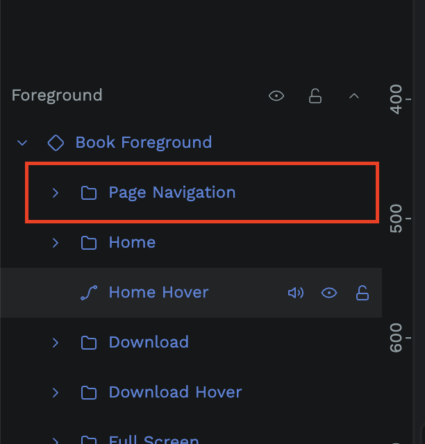 Layers panel with the Page Navigation group under Book Foreground in the Foreground section