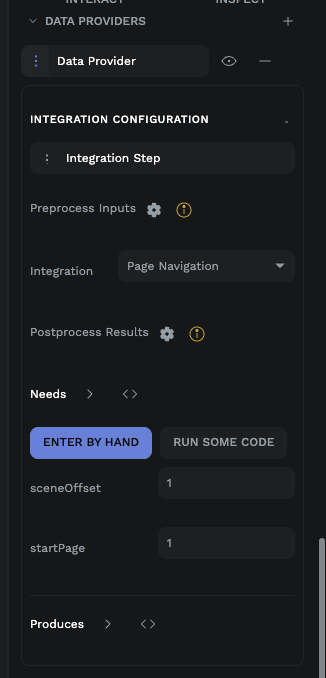 Data Provider Integration Configuration panel with Integration set to Page Navigation and sceneOffset and startPage inputs